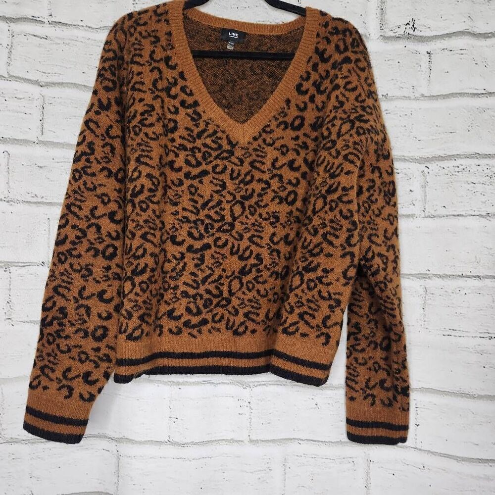 Line Womens Brown Leopard Print Thick Pullover Long Sleeve Sweater Brown Medium